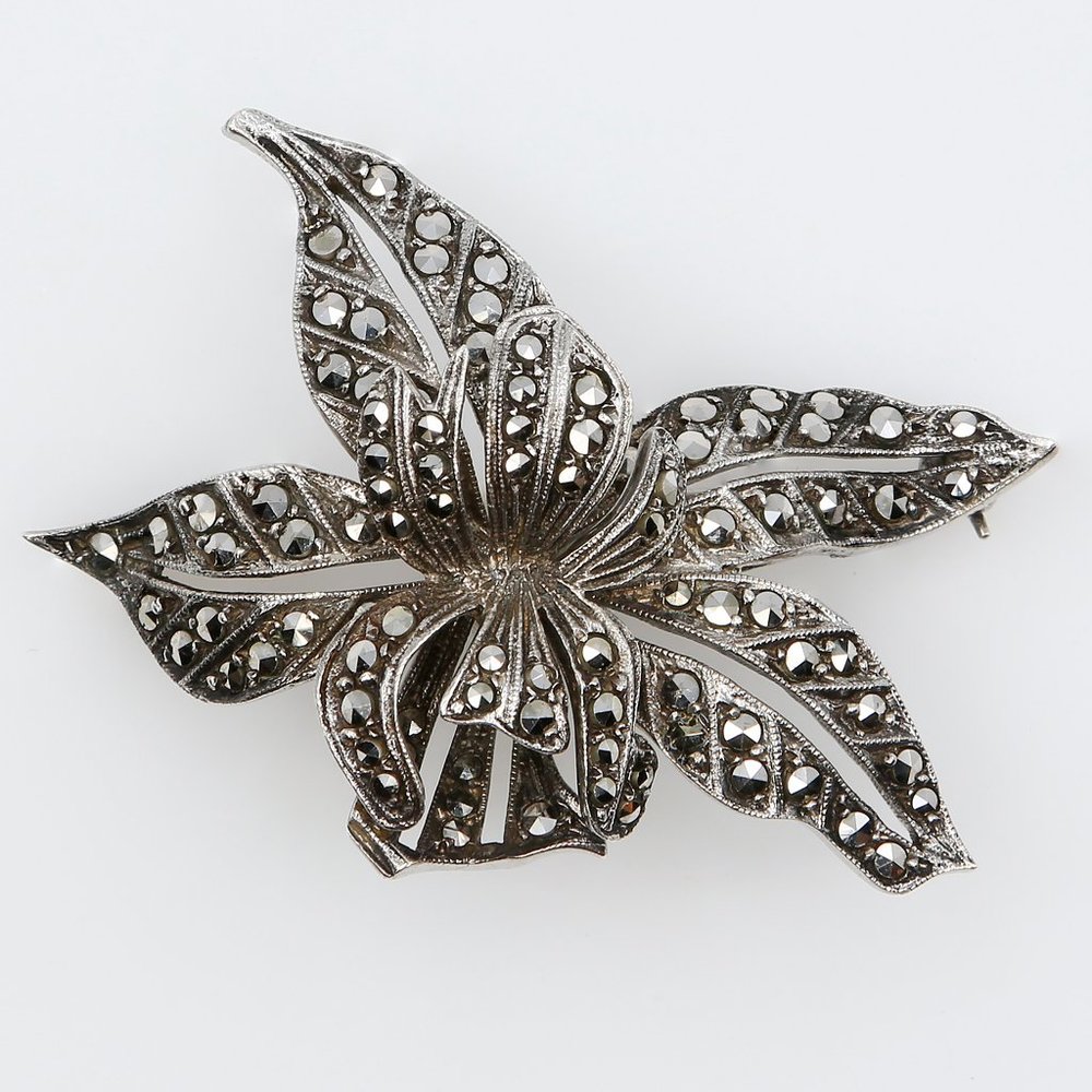 Antique Art‎ Deco Sterling Bead Set Marcasite Orchid Flower Figural Brooch 1920s